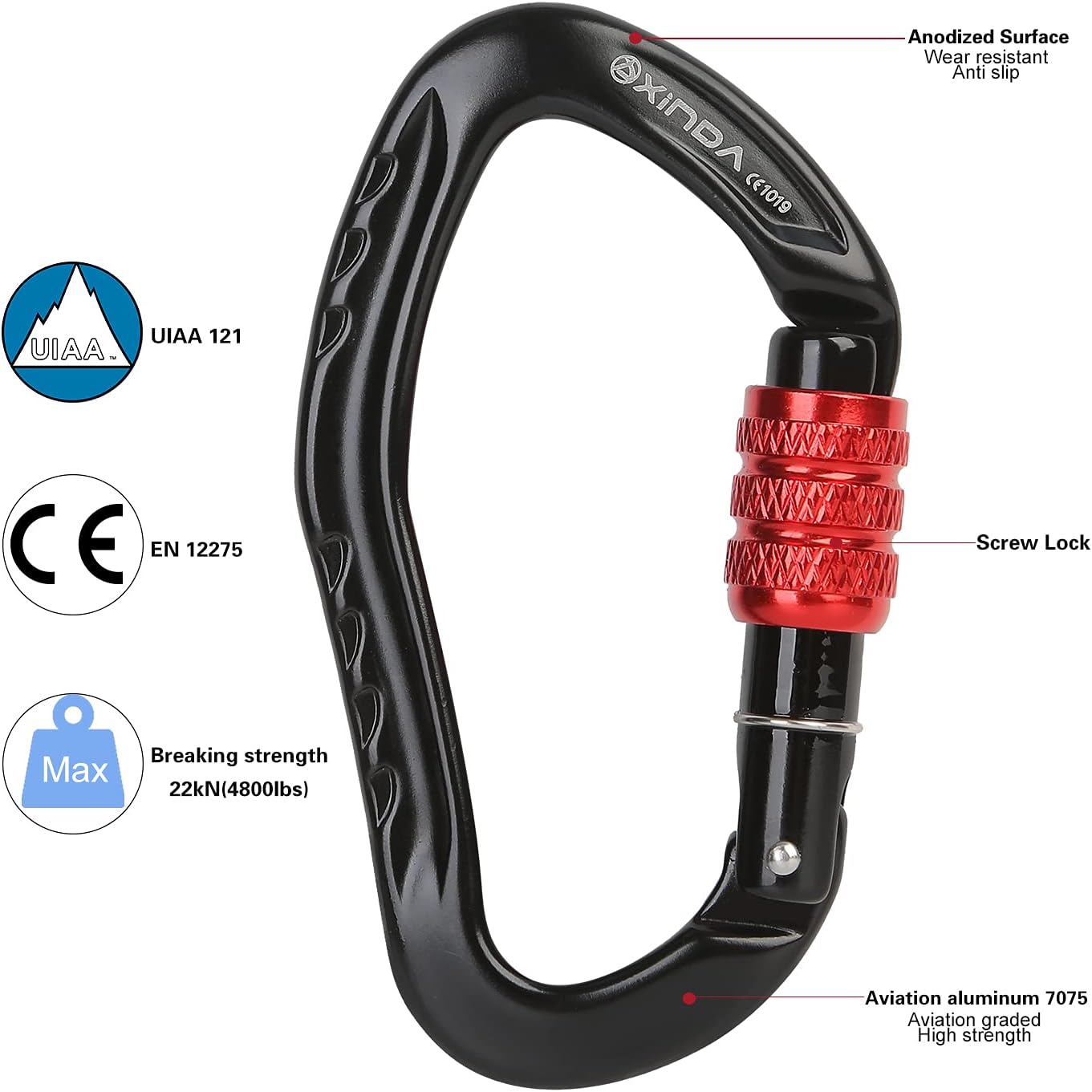 XINDA 22KN Screw Locking Carabiner Clip - Offset D Shaped Climbing Carabiner CE UIAA Certified, Heavy Duty Aluminium Carabiner for Rock Climbing,Rappelling,Hammock,Hiking,Camping,Arborist Gear