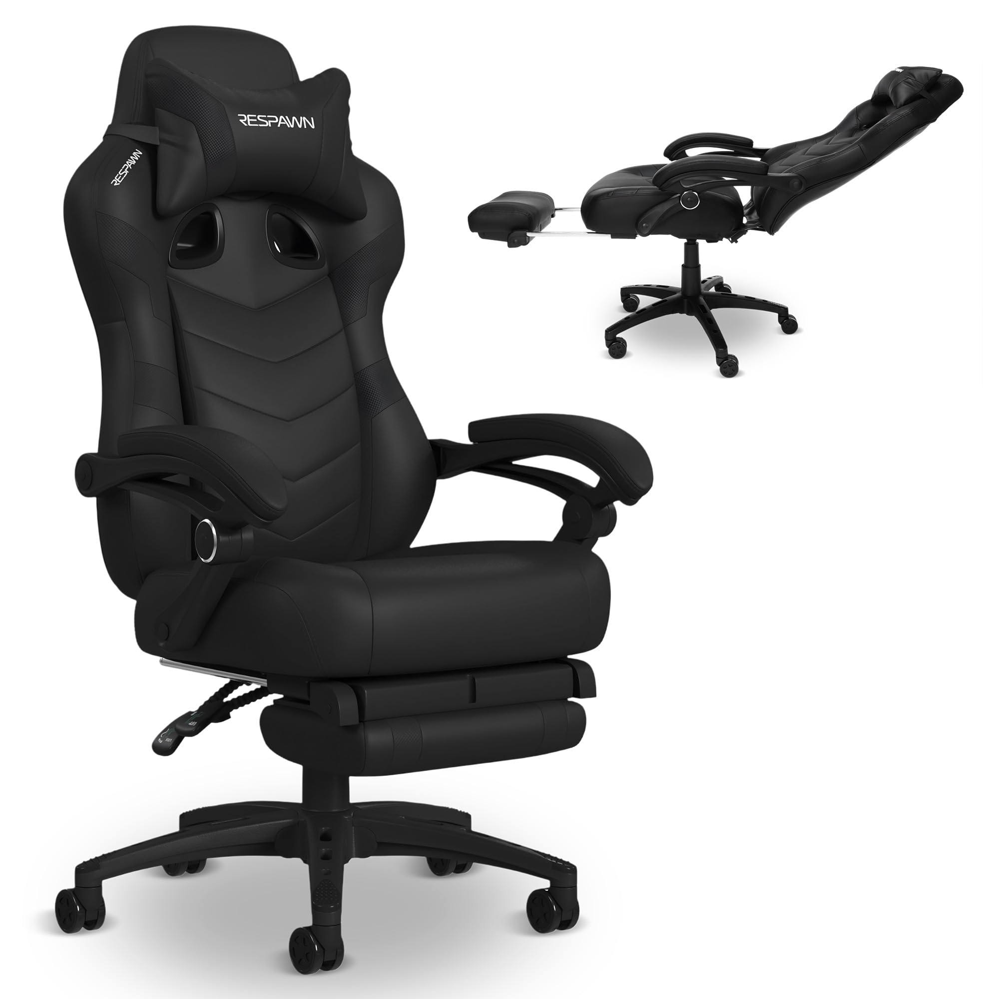 respawn 110 pro ergonomic gaming chair with footrest for adults - comfortable office gaming recliner with lumbar support and headrest, racing style video game chairs for computer gamer - black