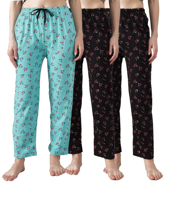 Image of Women's Cotton Pyjama, Drawstring Waist with Pockets, Soft Comfortable Sleepwear - (Pack of 3)