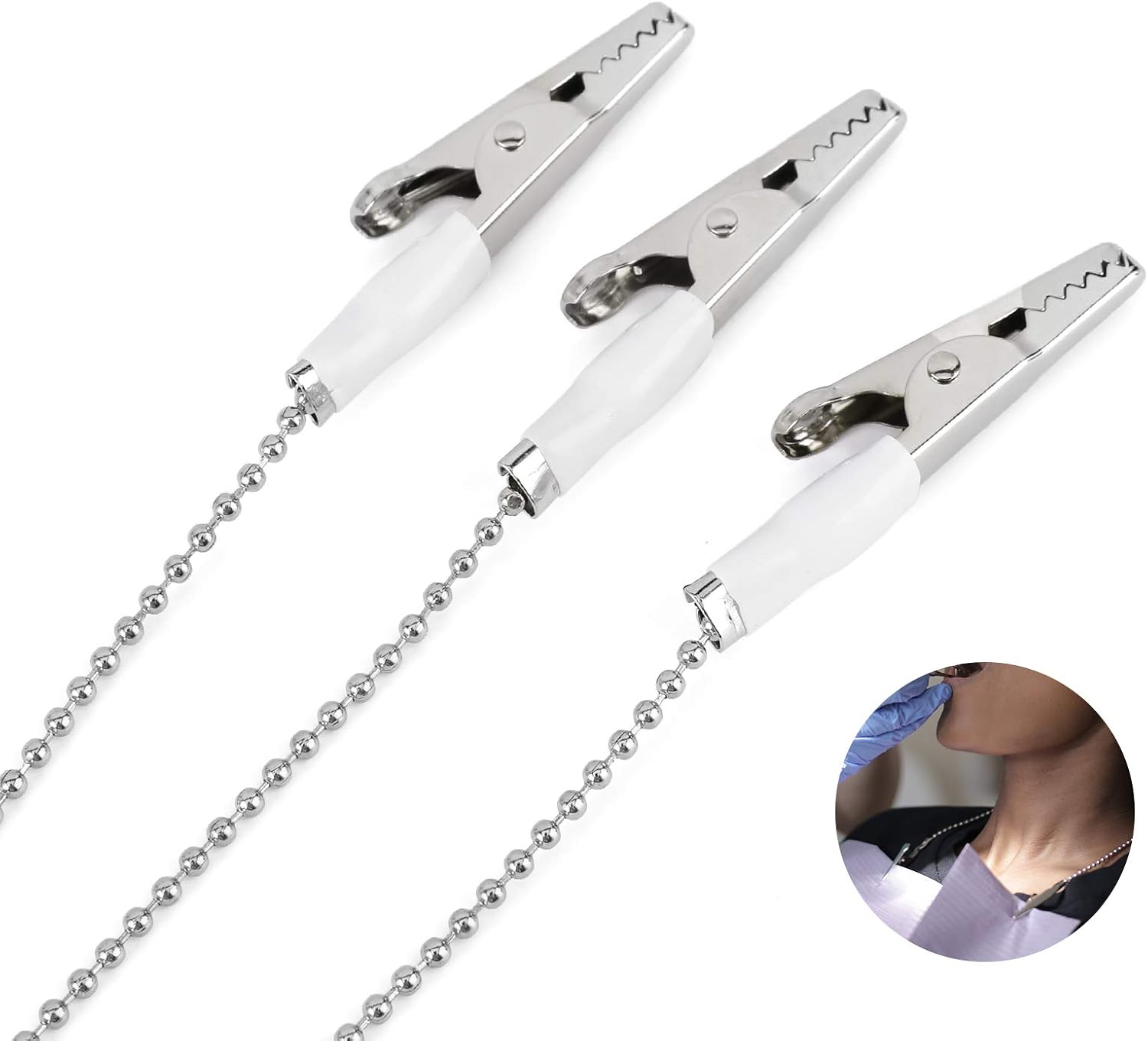 Annhua Dental Bib Ball Chain with Clips on Both Ends (Pack of 3), Napkin Holder Adjustable for Adult|Kid|Patient|Tattoo, Silver - Light & Portable - Length 18.9"