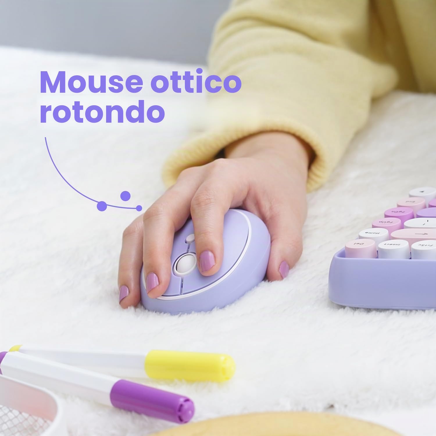 Perixx PERIDUO-713PP ES - Set di mouse e mini tastiera wireless 2,4 GHz, tasti rotondi stile retrò, per PC e tablet, viola pastello, spagnolo QWERTY