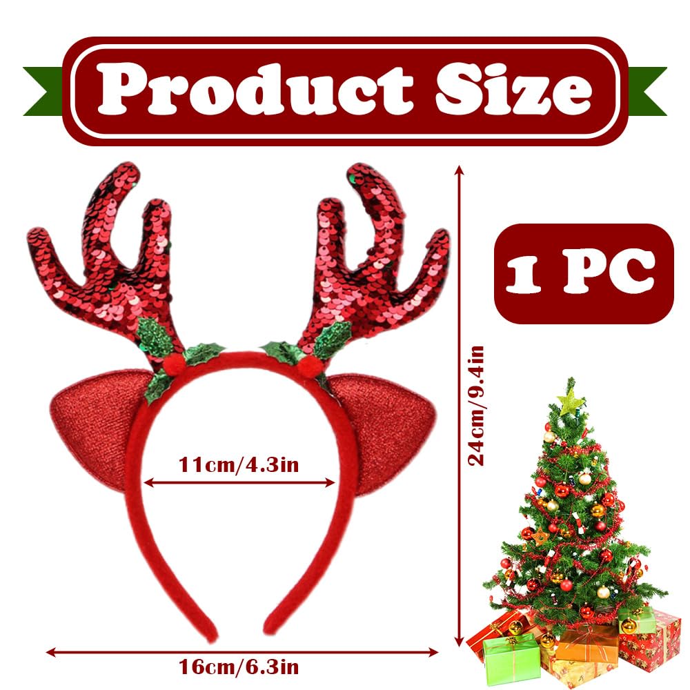 nafengldf Sequined Reindeer Headband for Women & Girls -Christmas headband- Glitter Christmas Antler Headpiece with Floral Decor for Xmas Party Cosplay Festive Hair Accessories (Red 1 PC) - Image 2