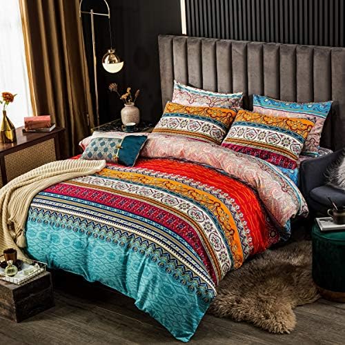 Bohemian Duvet Cover Set Twin Colorful Floral Boho Striped Bedding Set Ultra Soft Microfiber Double Duvet Cover Southwestern Indian Tribal Reversible Bedding Exotic Style Decor Boho Comforter Cover