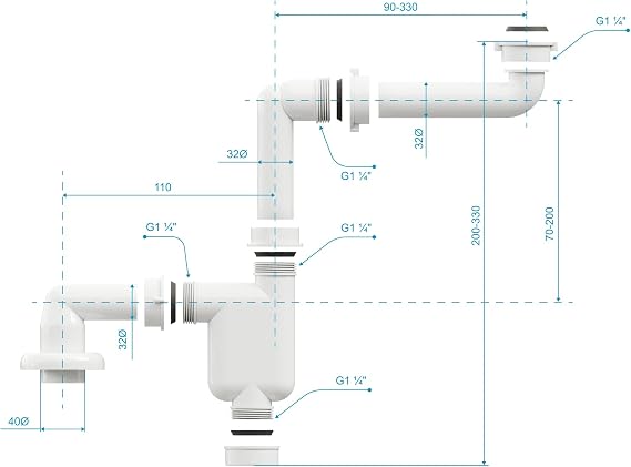 Aqua Bagno Yer tasarruflu sifon lavabo - mobilya sifonu - yerden tasarruf sağlayan sifon - düz gider - banyo - esnek ayarlanabilir - G 1 1/4 inç - DN32