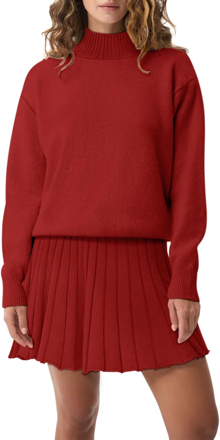 Women's Two Piece Outfits Turtleneck Long Sleeve Ribbed Knit Tops Pleated Mini Skirt 2026 Casual Sweater Sets - Image 2