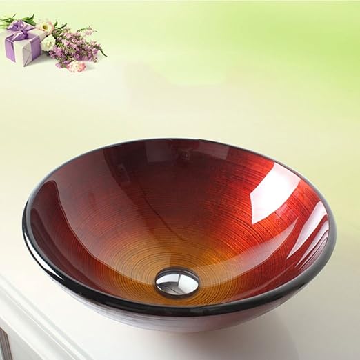 Amazon Tophome 彩色上絵洗面ボウル 手洗い器おしゃれ 洗面台 洗面鉢 手洗い器 手洗器 排水金具付 洗面ボウル 強化ガラス製 洗面ボール ガラス オレンジ レッド 洗面ボール 洗面器