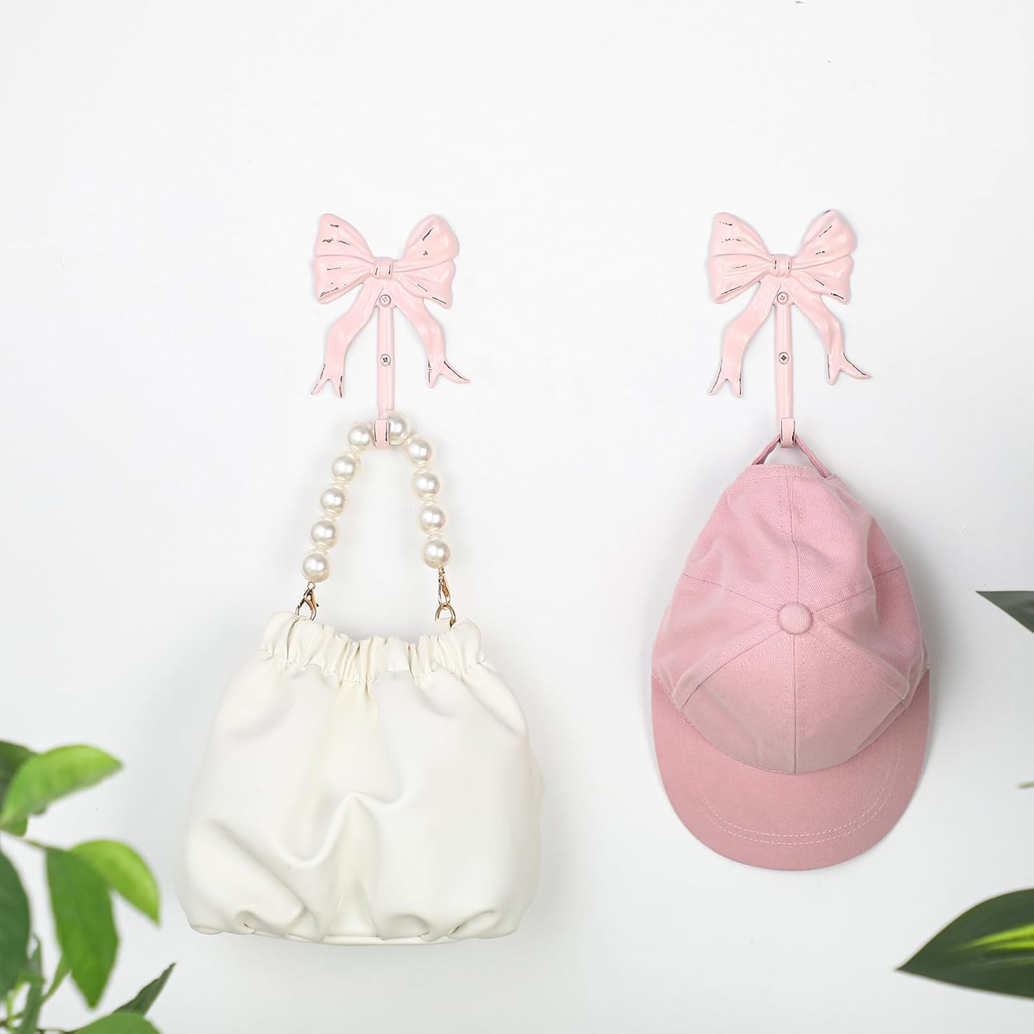 CroBlissful 2 Pcs Coquette Iron Pink Bow Hook Home Decorative Multi-Purpose Knot Wall Hook for Door Hanger Coat Hat Towel for Bathroom Kitchen Living Room Home Decor, 5.31 x 3.74 inch