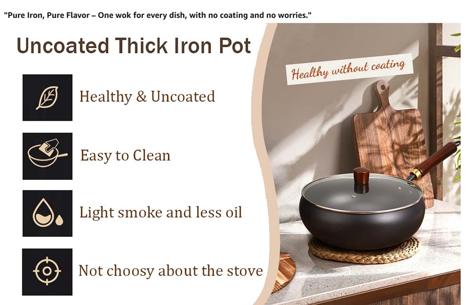 Wok Non Rivestito, A Forma Arrotondata, In Ferro Forgiato A Mano, Antiaderente, Utilizzabile Come Pentola per Stufati O Friggitrice per Piani Cottura A Induzione e A Gas(No lid,26cm)