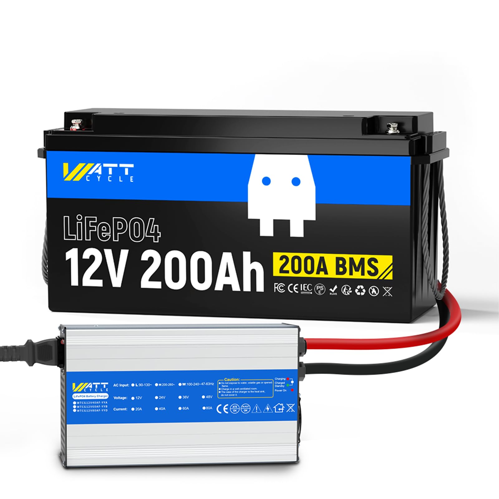 Wattcycle 12V 200Ah LiFePO4 Battery with 40A Charger, 200A BMS