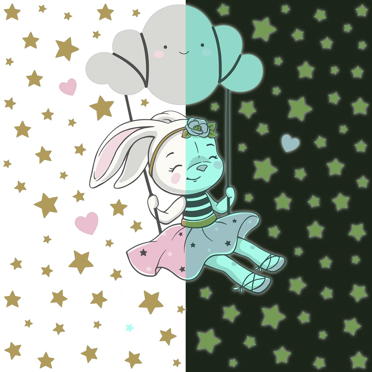 Ambiance Sticker Świecąca fosforyzująca naklejka ścienna dla dzieci fluorescencyjny królik na chmurze huśtawka - H115 x Dł. 80 cm
