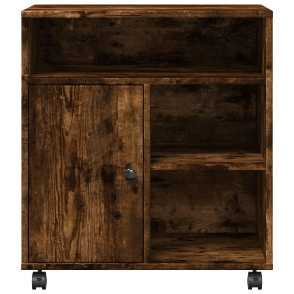 Druckerständer mit Rollen Räuchereiche 60x50x67 cm, Druckerwagen mit Rollen für Büro und Arbeitszimmer, Druckerregal mit viel Stauraum für Akten und Bücher, 2 arretierbare