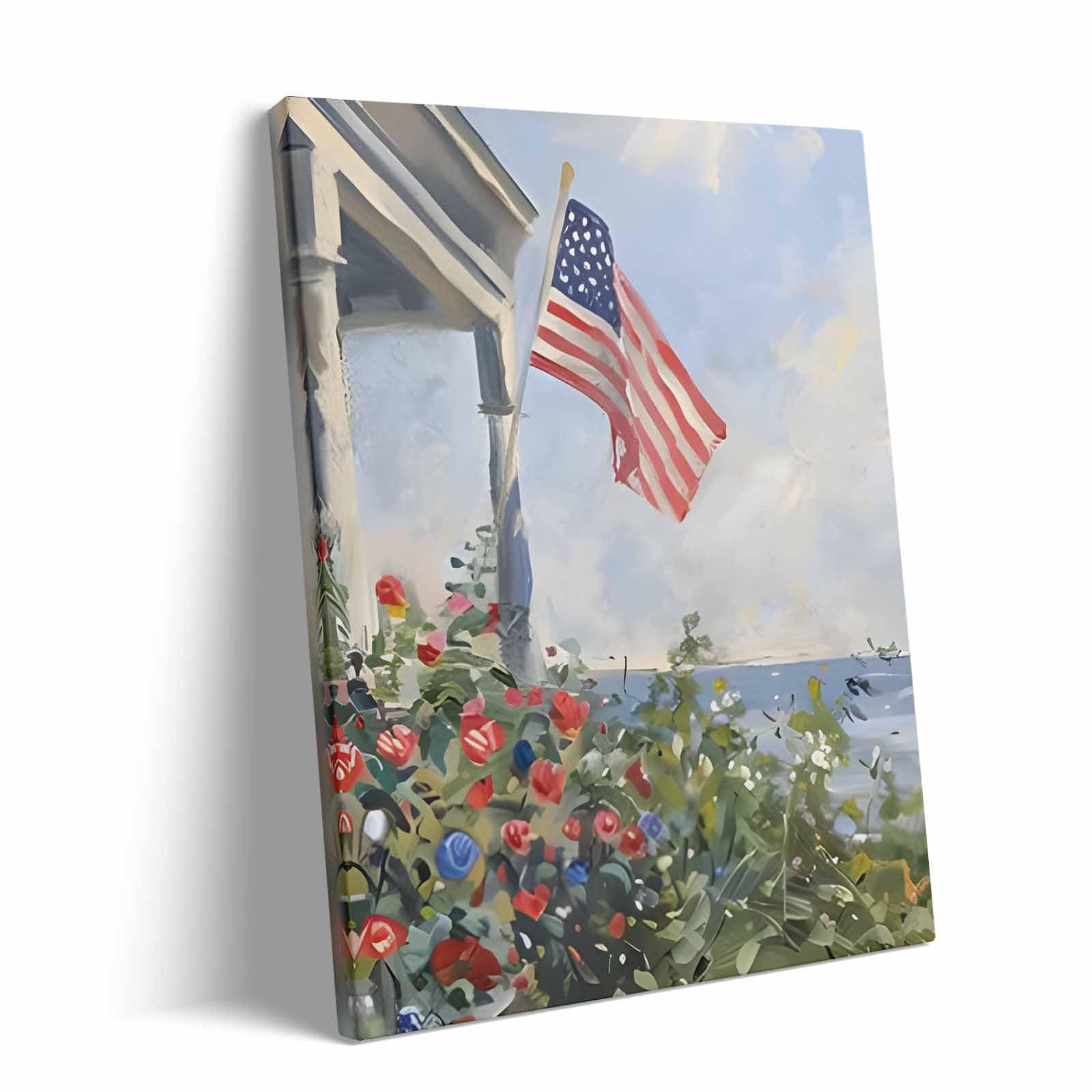 Memorial Day Canvas Wall Art, Porch View American Flag Print, Coastal Garden Flowers Flag by the Sea Poster, Independence Day Gifts Print Artwork for Lakehouse or Summer Entryway Decor 8x10inch