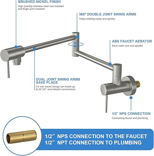 Miniatura 6 de Lordear Grifo de llenado de ollas con acabado de níquel cepillado para montaje en pared, grifo de cocina de acero inoxidable, grifo plegable sobre