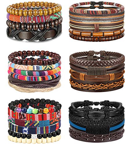 FIBO STEEL 29Pcs Braided Leather Bracelets for Men Women Wooden Beaded String Cuff Wrap Bracelet Set Adjustable