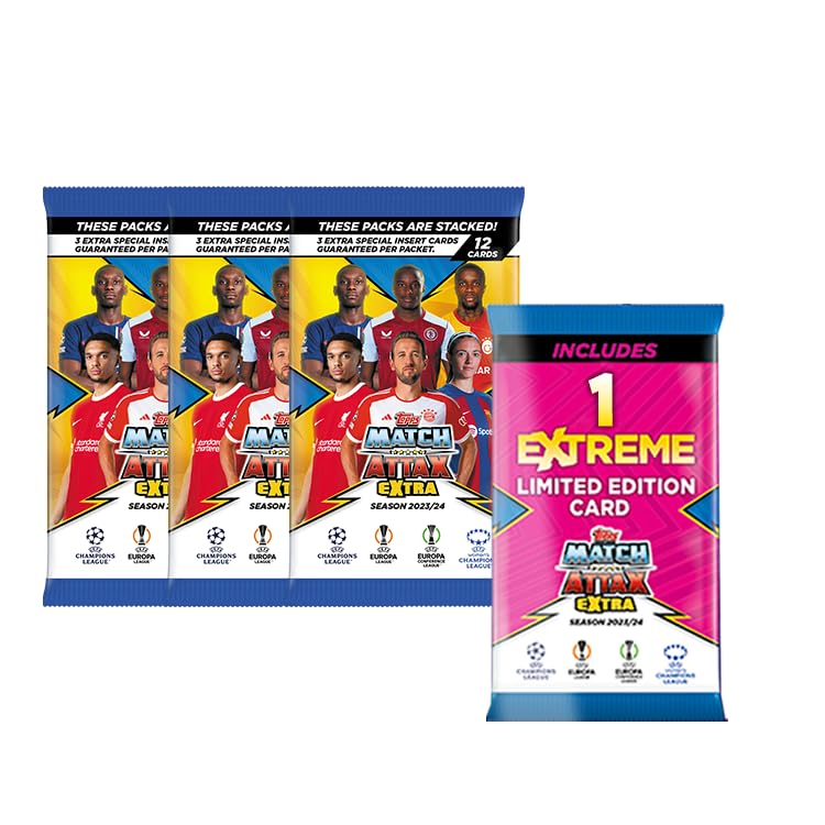 Topps Match Attax Extra 2024 - Eco Pack (versión de embalaje reducido) - 36 cartas Match Attax (3 paquetes) más 1 tarjeta aleatoria Extreme Limited Edition.
