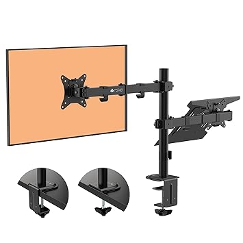Artikel Monitor Arm with Laptop Stand | Height Adjustable Monitor Mount for Table | VESA 75x75 & 100x100 | Laptop Arm Desk Mount with C-Clamp & Grommet | Fits 17”-32” Screens | Space Saving | Black