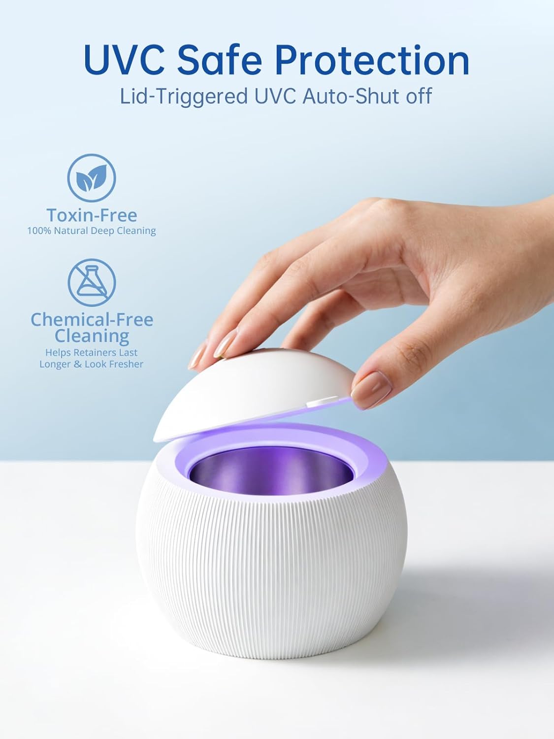 Voraiya Gentle Deep Dental Cleaning Pod Ultrasonic Retainer Cleaner With UVC，Mouth Guard Retainer Cleaner Machine for Dentures, Aligner, Braces, Home & Personal Use One Button Elder-Friendly