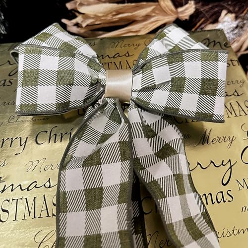 Image of Moss Green Plaid Wired Ribbon - 2 1 /2 inch x 10 Yards, Green Natural Tartan, Spring, Fall Decor, Autumn, Christmas, Wreath, Gingham, Gift Decor, Bow Decoration, Mardi Gras, St. Patrick's Day, Easter