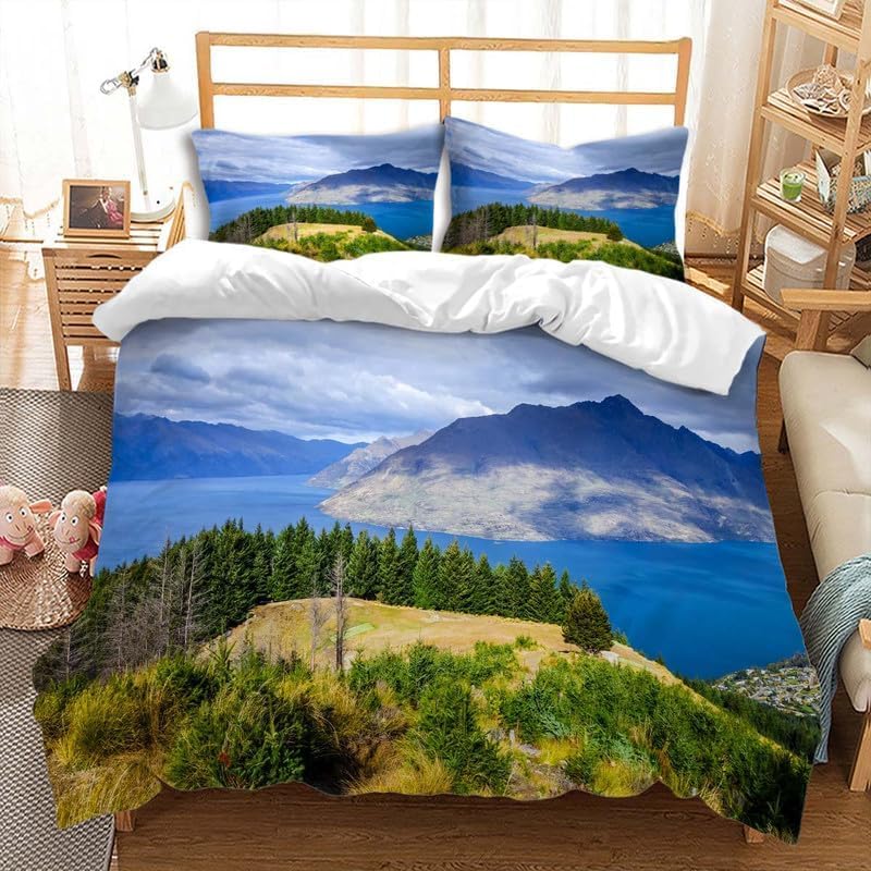Parure de lit 200x200 montagnes en microfibre avec housse de couette zip et taies d'oreiller