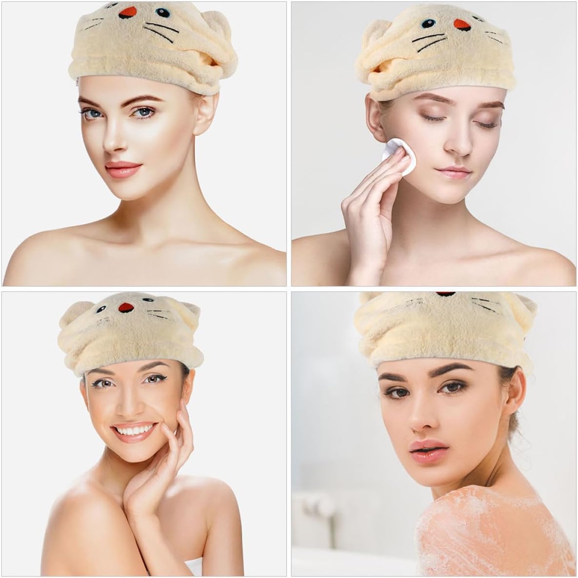 Lurrose Coral Fleece Quick-Drying Hair Wrap for Women, Cartoon Animal Absorbent Hair Towel Cap, Practical Bath Head Towel for Shower Use, Beige