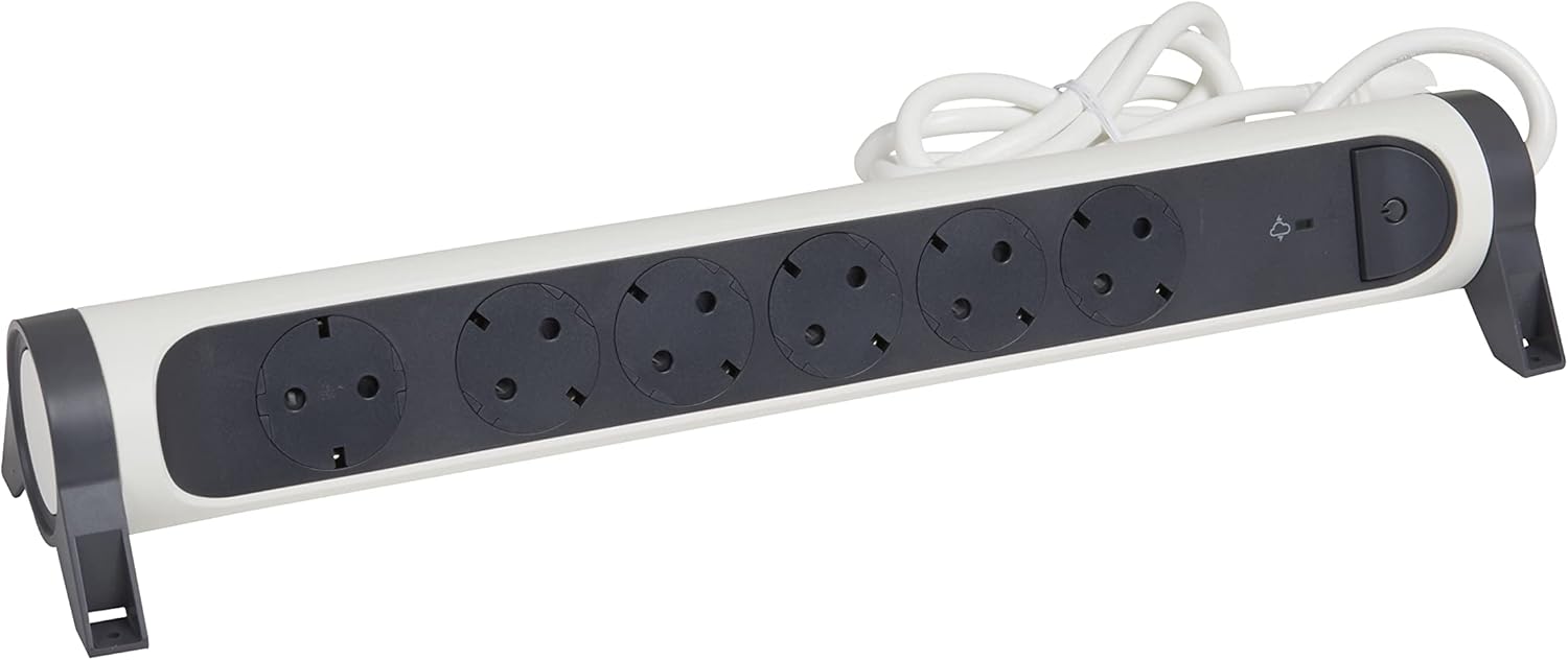 Legrand, 694509 Rotatable Plug, 6-Pole Socket, On/Off+SPD, Integrated Surge Protection with Status Display (SPD), 1.5 m Cable, Ultra White/Dark Grey, 694509