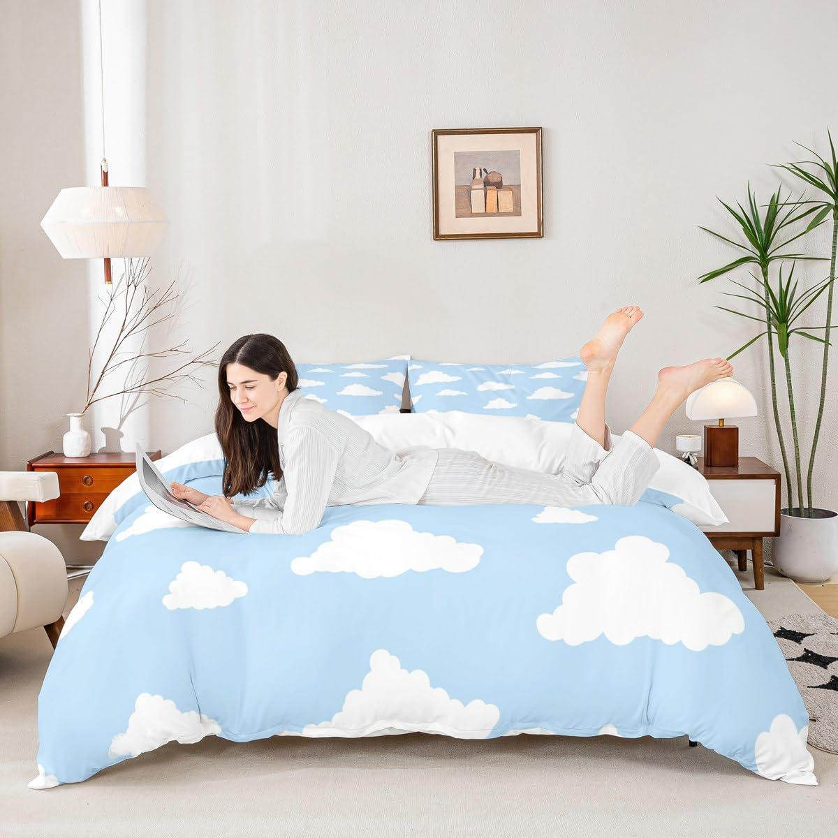 White Clouds Duvet Cover,Cartoon Clouds Blue Sky Decor Bedding Sets for Kids Teens Adults,Simple Style Graffiti Decorative Quilt Cover with 2 Pillowcases(No Comforter) Full Size 3 Pcs