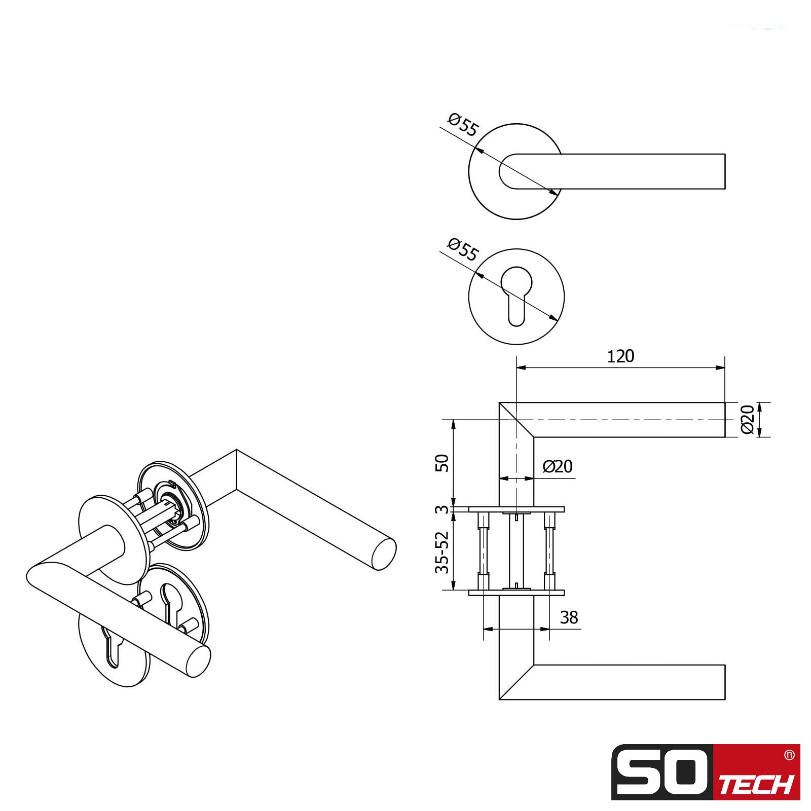 SOTECH Set di maniglie a leva THORE cilindro profilato (PZ) in acciaio inox SS304 nero (130x60 mm Ø 20 mm, porte spessore 35-52 mm, altezza 3 mm, clip magnetica) con materiale di fissaggio