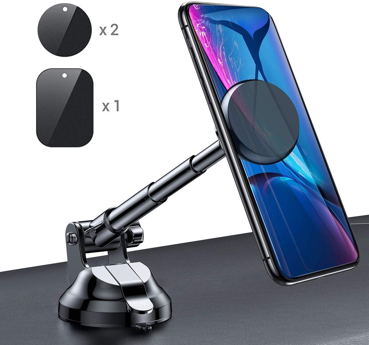 Magnetic Phone Car Mount, 6 Strong Magnets Phone Holder for Car Dashboard and Windshield, 360° Rotation & Metal Telescopic Arm, Hands-Free Car Phone Holder Compatible with 3''-7'' Phone, iPad（AINOPE）