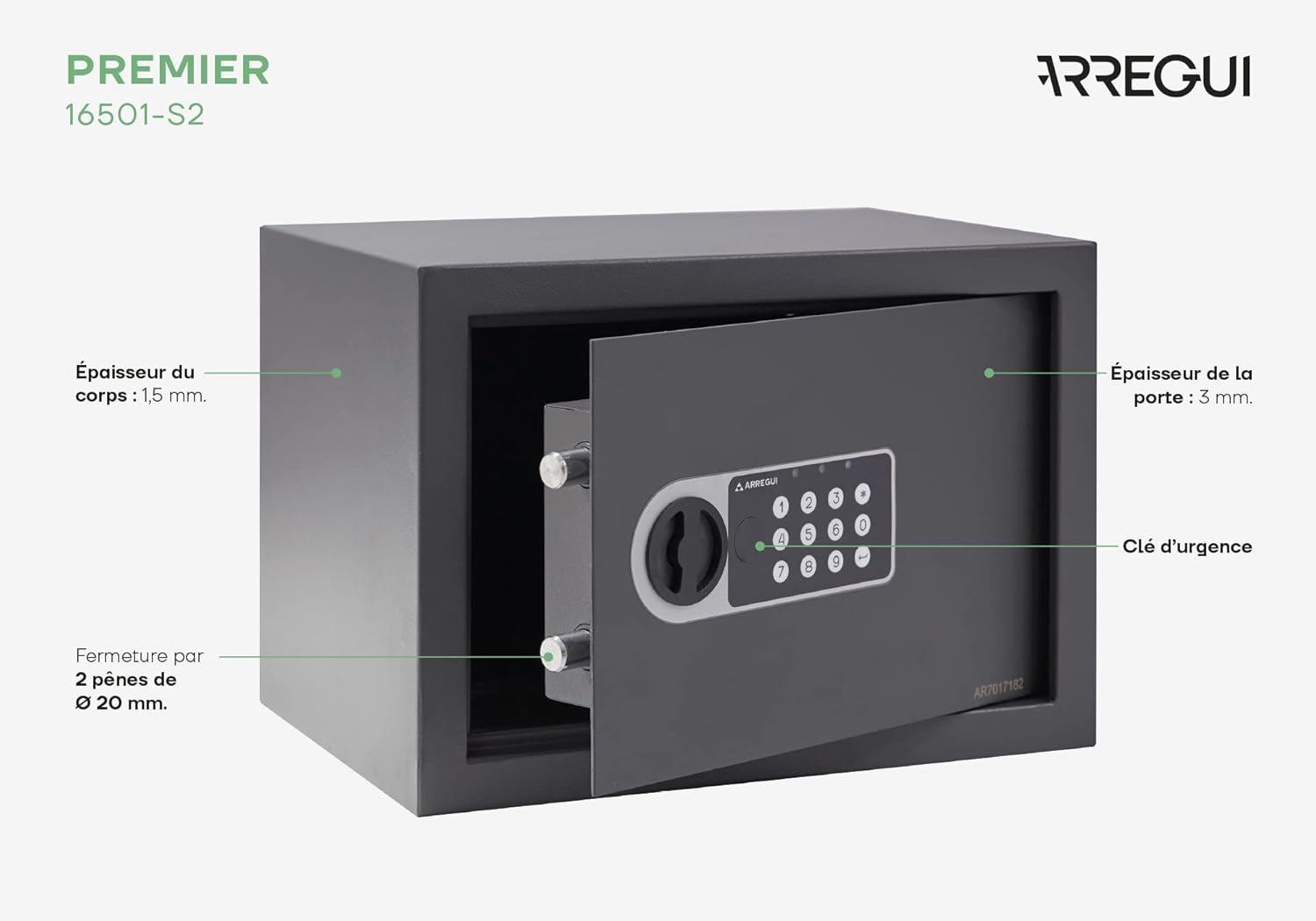Diagram highlighting features of the ARREGUI Premier 16501-S2 safe
