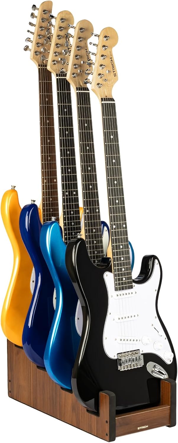 STRICH Wooden Guitar Stand for Multiple Guitars, 4-Holder, Front Display Space-Saving Floor Guitar Rack for Home, Studio, Stage, Walnut Color, L-4EW (For 4 Electric/Bass)