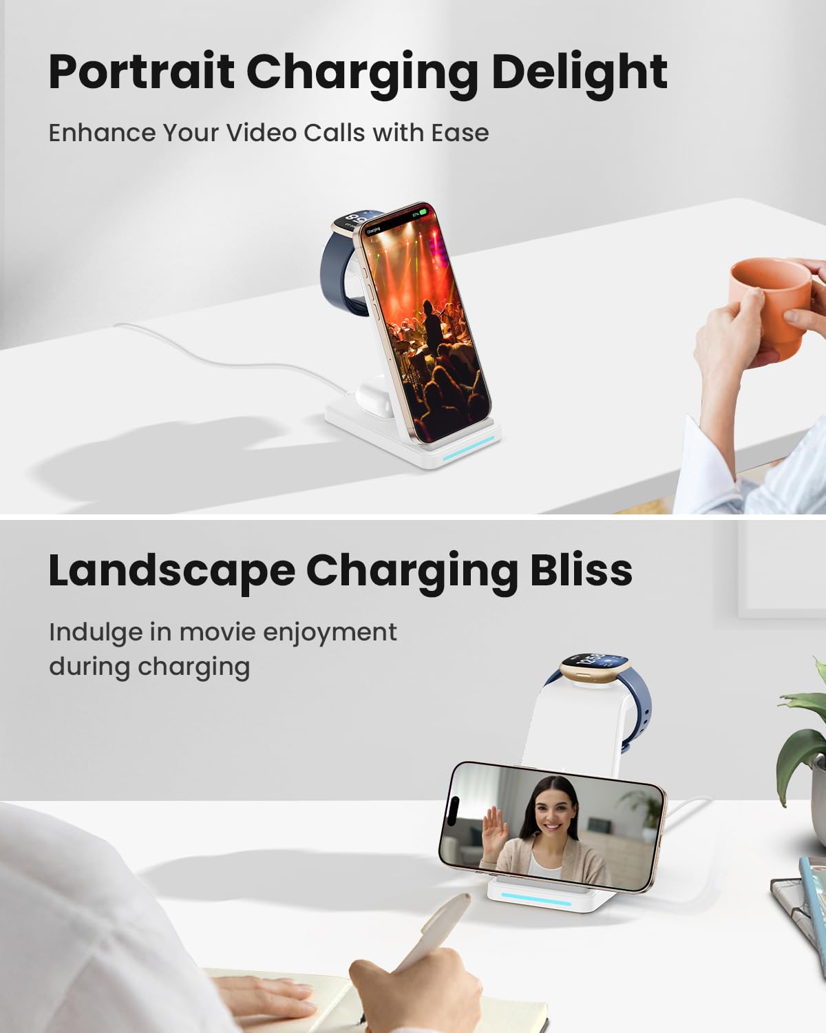 Chargeur sans fil pour station de charge Fitbit – Support de chargeur de téléphone GEEKERA 3 en 1 pour Fitbit Watch Sense 2/Sense/Versa 4/3, iPhone, Samsung, téléphones Google Pixel, Android, Airpods