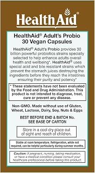 HealthAid Adults Probiotic 30 Billion CFU 10 Strains with Prebiotic Daily Digestive & Microbiome Support Once Daily, Acid & Bile Resistant, Vegan*