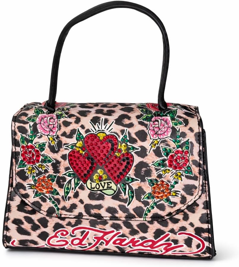 ED HARDY Love Tattoo Top Handle Satchel with Leopard Print & Detachable Crossbody Strap (Leopard) dimension: 7x5x3 inches