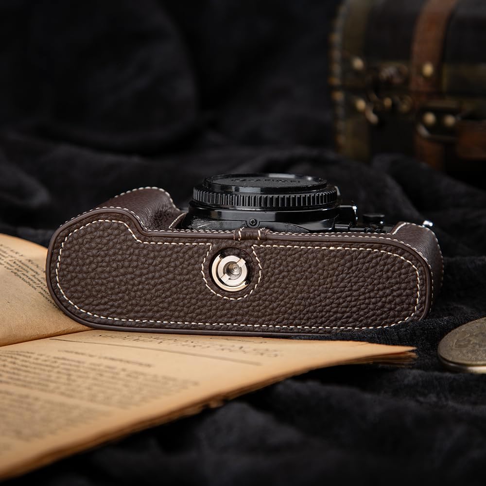 A1 Case New AE-1 case Handmade Genuine Leather Camera Protective Half Camera case, for Canon A-1 New AE-1 (Mocha-white line)