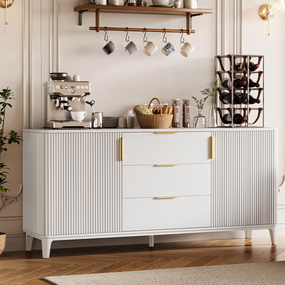 59" Fluted Sideboard Buffet Cabinet with 2 Doors and 3 Drawers, Large Modern Mid Century Buffet Table Coffee Bar Wine Bar Storage Cabinet with Adjustable Shelves for Dining Room, Living Room White