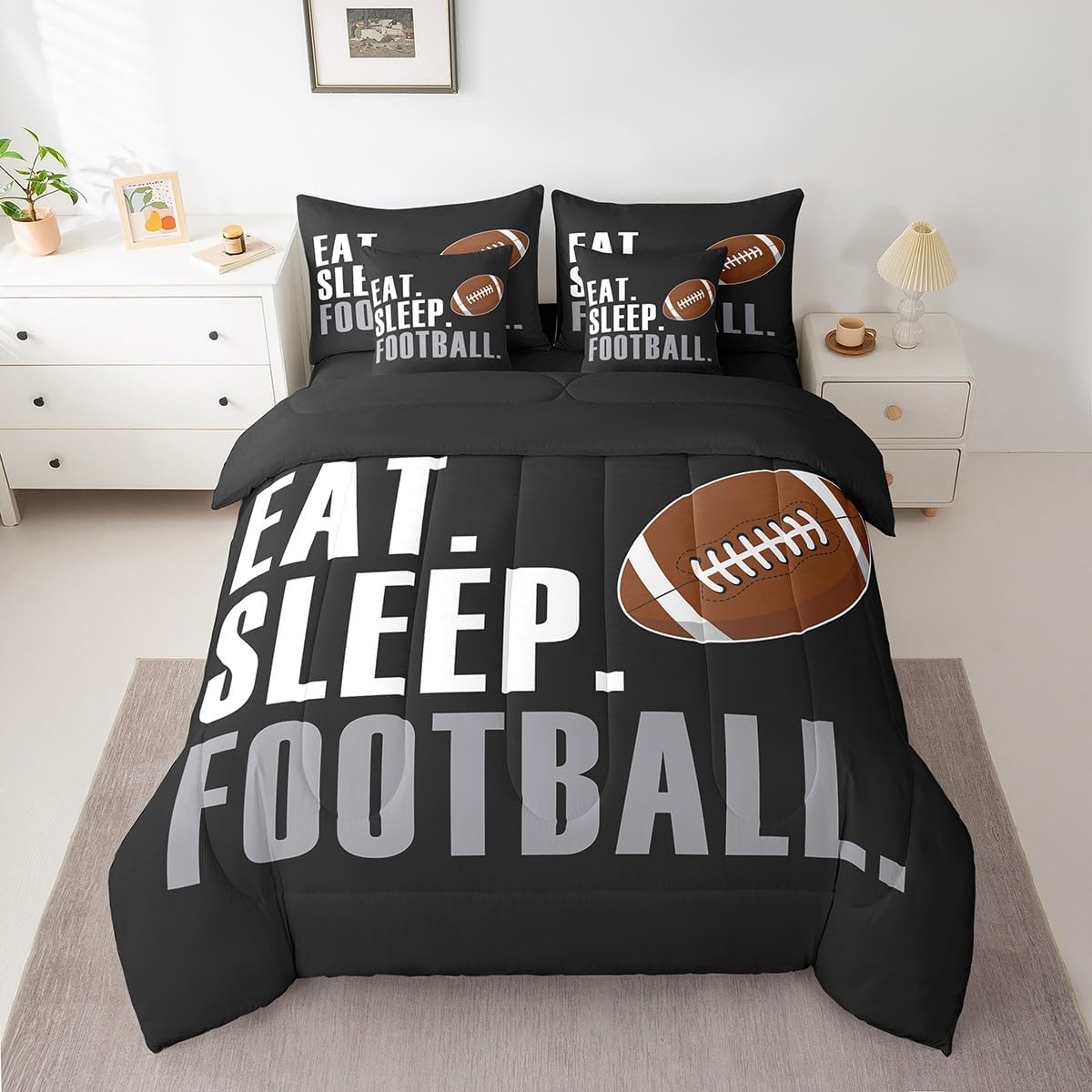 Feelyou Football Comforter Set with Sheets Full Size Rugby Sports 7 Pieces Bedding Set for Kids Boys Girls Teens Black Sports Ball Game Bed in a Bag Gift for Football Lover Bed Set Black White Brown Full