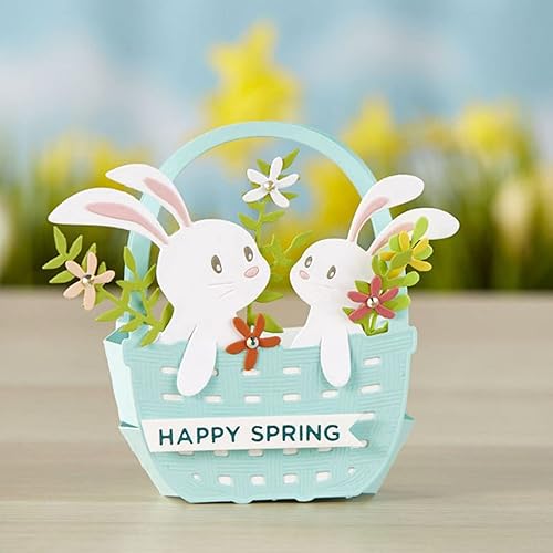 Miniatura 7 de Cesta de flores de conejo troquelada de metal, plantillas de marco de conejito de animales de Pascua, tarjetas de manualidades, troqueles de corte