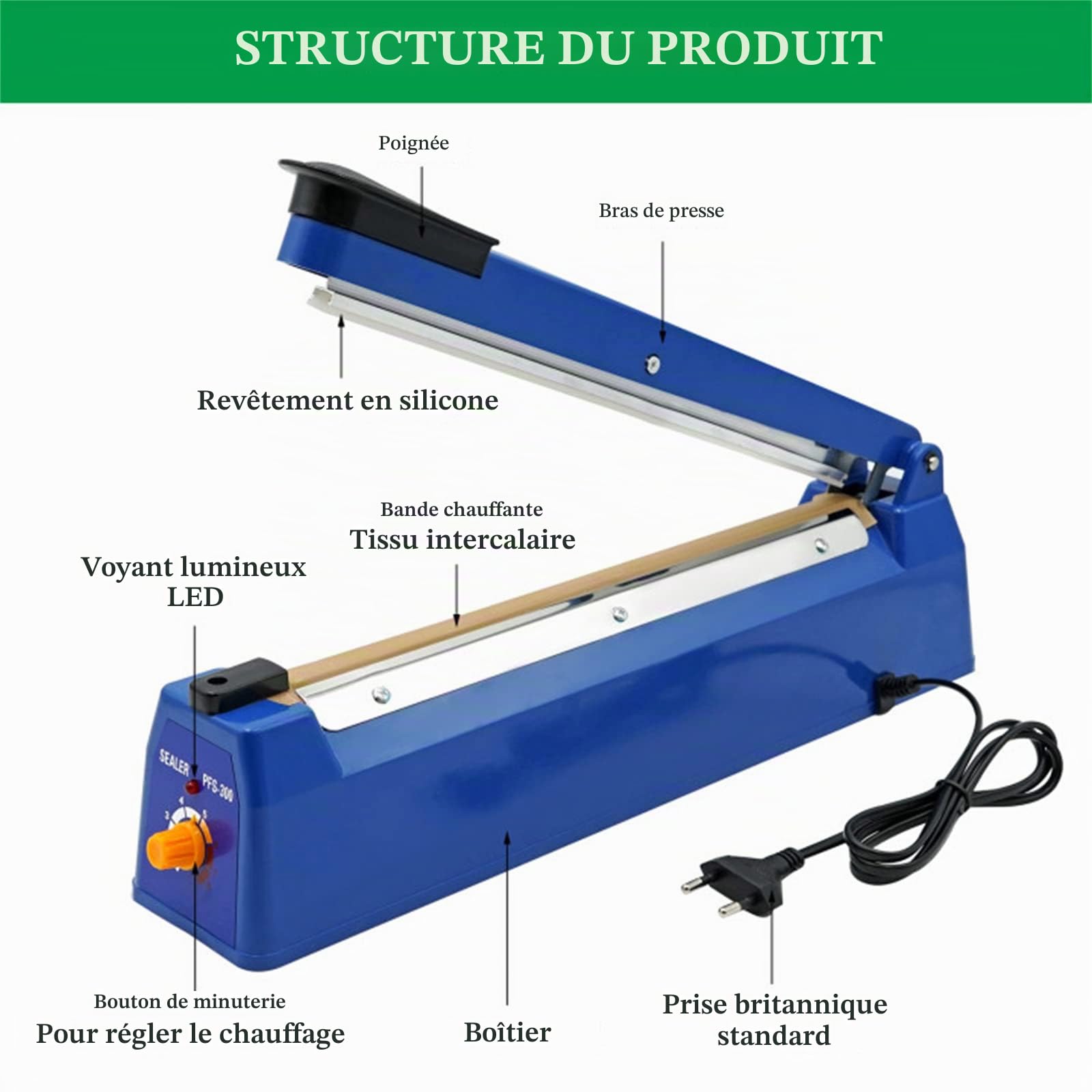 Machine à sceller à chaud 300 mm Impulse Heat Bag Sealer 220 V Scelleuse de sacs en plastique portable pour PE/PP/PVC/Mylar /papier kraft / sacs en plastique