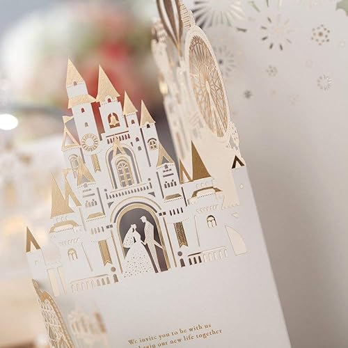 Miniatura 7 de Hosmsua Kit de 50 invitaciones de boda en blanco dorado claro de 4.1 x 8.5 pulgadas, corte láser 3D, castillo, novia y novio, invitación de boda con