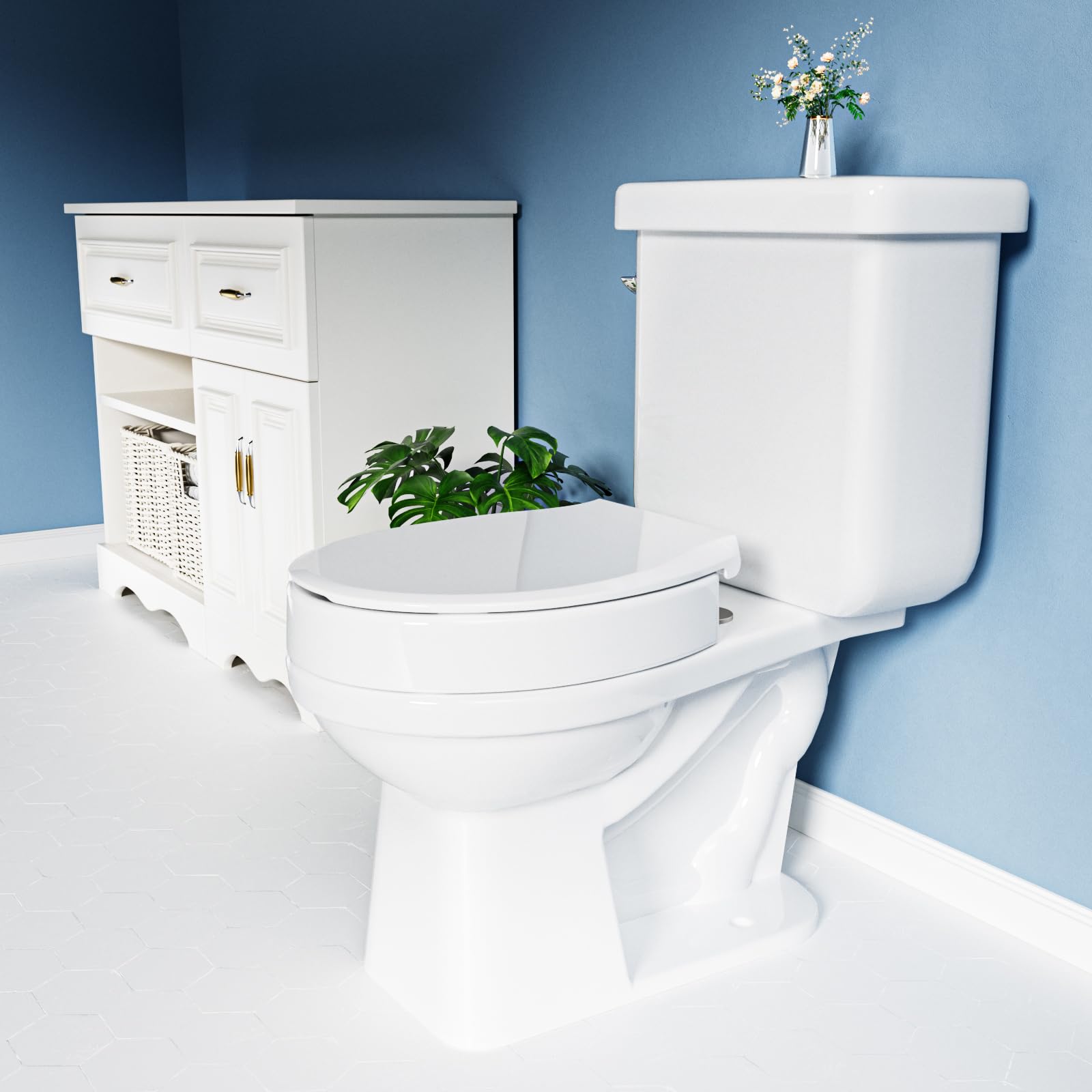 SAMODRA Toilettensitzerhöhung mit Absenkautomatik, oval, Schnellverschluss für einfaches Anbringen und Reinigen, erhöhter Toilettensitz für ältere Menschen, Behinderte und nach Operationen
