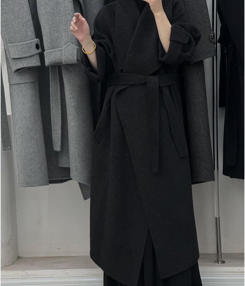 Women's Wool Blend Coat Women's Double-Faced Cashmere Coat Elegant Large Lapel Long Wool Trench Coat Loose Fit Tie Waist