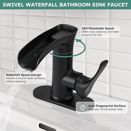 Miniatura 10 de PARLOS Grifo de baño en cascada con boquilla giratoria, grifo de lavabo de una sola manija, grifo mezclador de lavabo de un solo orificio con líneas