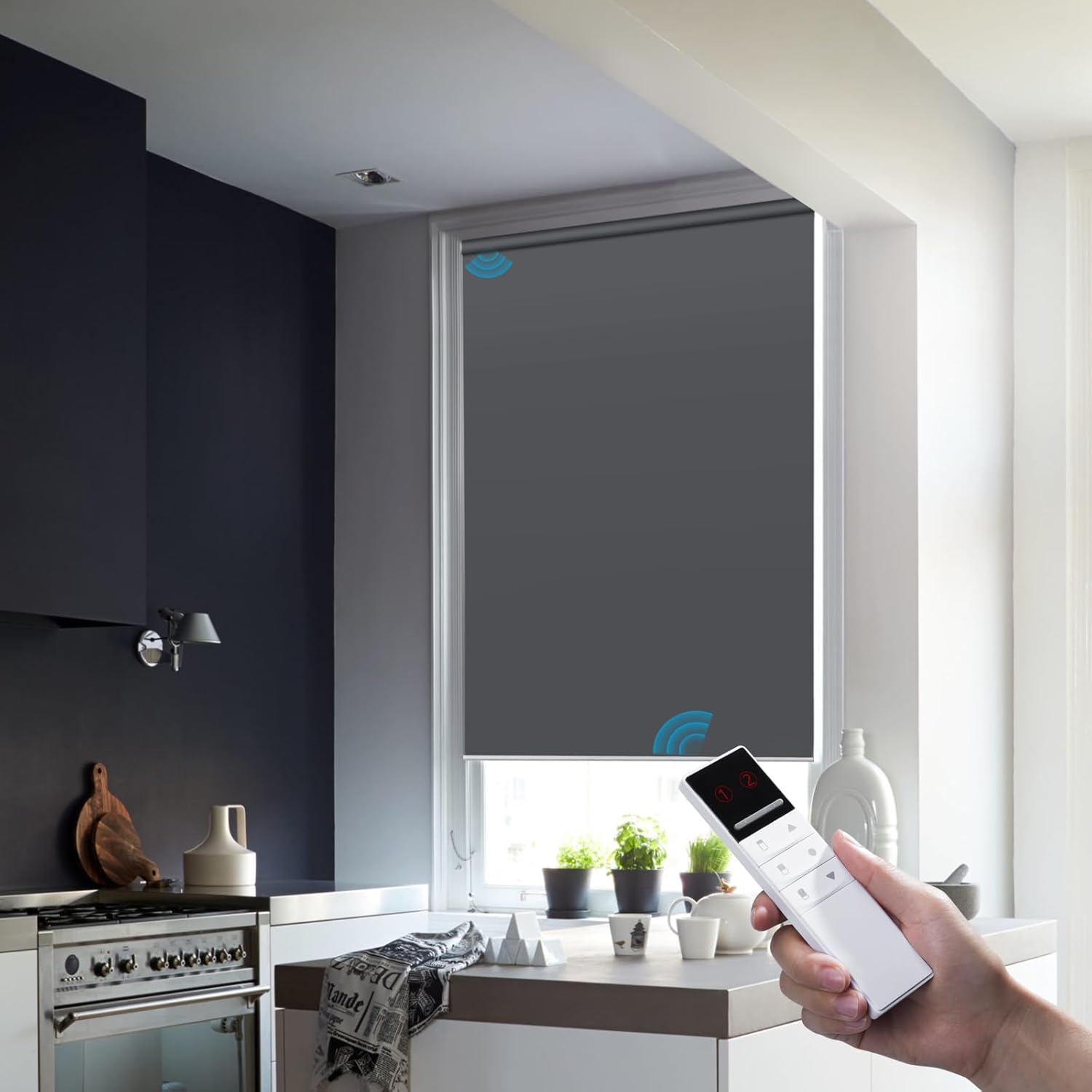 Motorized Blackout Window Blinds Customize Width (21-92 in) Remote Control Wireless and Rechargeable Roller Shades Blinds for Windows, Home, Office, Living Room, Master Room, Restaurant (Dark Grey)