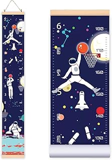 Height Growth Chart for Kids - Baby Measuring Canvas Ruler. Nursery Hanging Wall Decor for Boy Girl, Perfect Baby Shower Newborn Gift, Size in Foot Inches Centimeters. (Space Basketball)