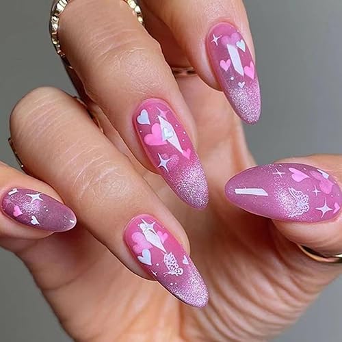Juego de 24 uñas postizas a presión color nude de almendra, tamaño mediano, kawaii, lindas uñas postizas a presión, color rosa, francesas, cobertura