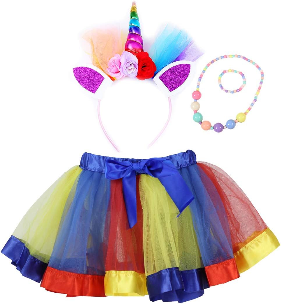Girls Layered Rainbow Tutu Skirt with Unicorn Horn Headband (Red Yellow, S)