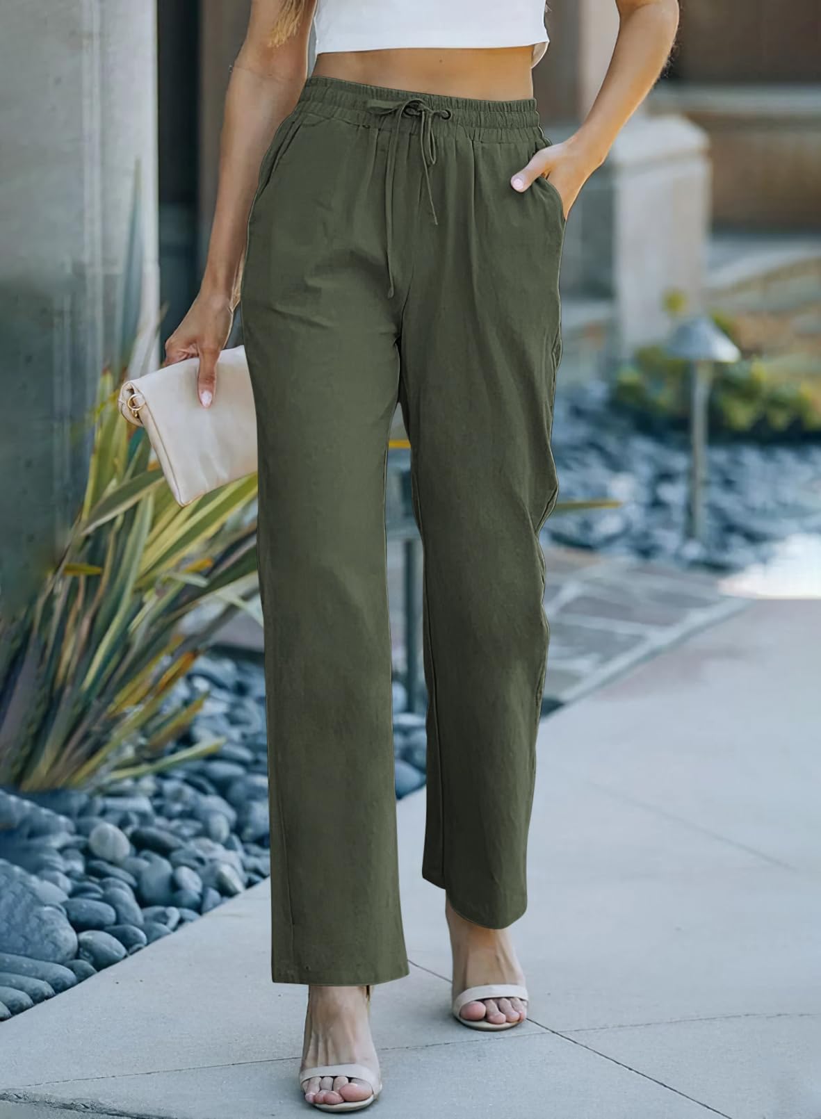 Tincini Leinenhose Damen Hose Sommer Musselin Leinen Hosen Stoffhose Einfarbig Freizeithose Gerade Geschnitten Strandhose Sommerhose mit Taschen