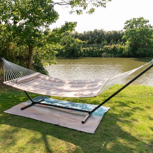 Image of Lazy Daze 12 FT Quilted Double Hammock with Spreader Bar, 2-Person, Outdoor Hammock for Patio, Poolside, Backyard, Beach, 450 lbs Capacity, Beige White