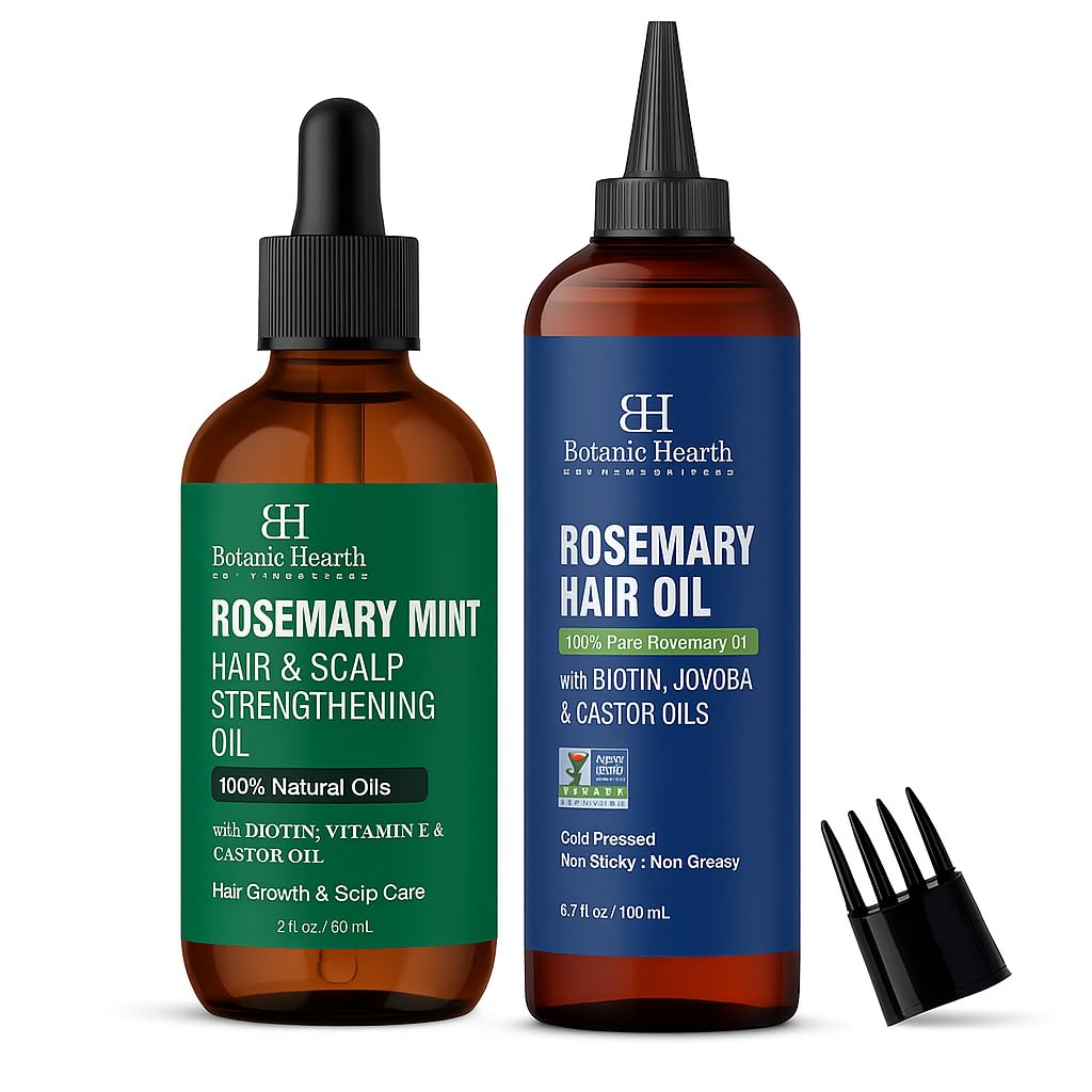 Botanic Hearth Rosemary Mint Hair Oil 2 fl oz + Rosemary Hair Oil with Biotin, Castor & Jojoba 6.7 fl oz – Nourishing Hair & Scalp Care Combo – Lightweight, Col