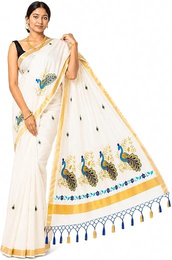 JAYAPRAKASH TEX Kerala Kasavu Saree for Women | Peacock Embroidery Design | Traditional Onam Cotton Saree with Running Blo...